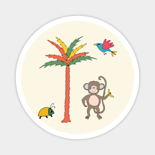 Monkey and banana with tropical bird, beetle and palm tree - kids décor and stickers Magnet